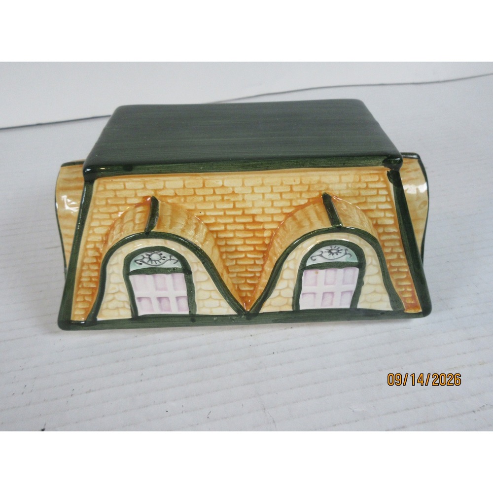 Fitz and Floyd Ceramic Cottage House Cookie Jar Replacement Lid Green Tan Roof